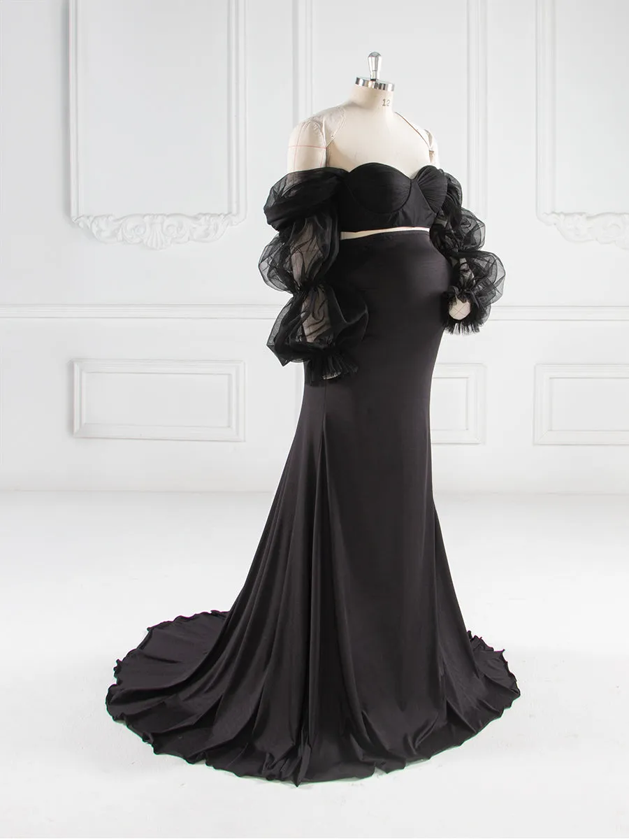 2 Piece Set Sheer Sleeves Stretchy Fabric Maternity Dresses for Photoshoot Baby Shower Dresses YW243148