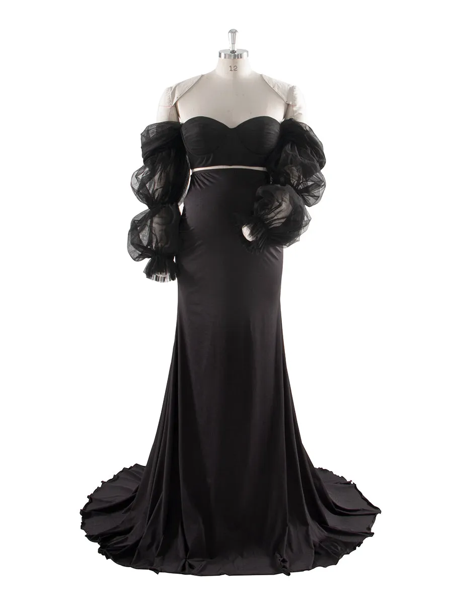 2 Piece Set Sheer Sleeves Stretchy Fabric Maternity Dresses for Photoshoot Baby Shower Dresses YW243148