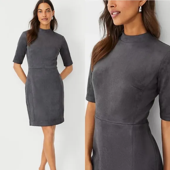 Ann Taylor 2 Petite Gray Faux Suede Mock Neck Dress Mini Sheath Lined Career