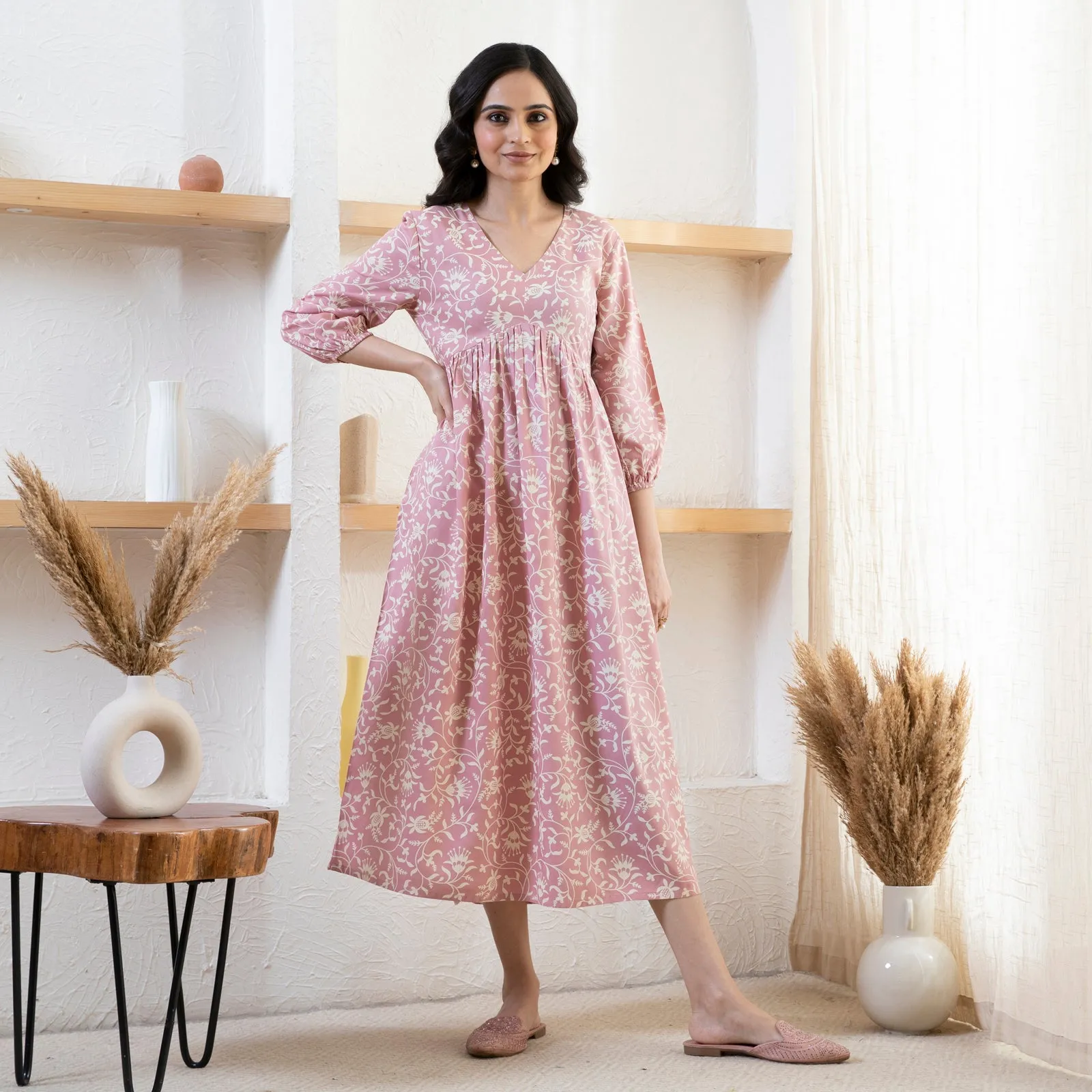 Baby Pink V Neck Front Gathered Dress