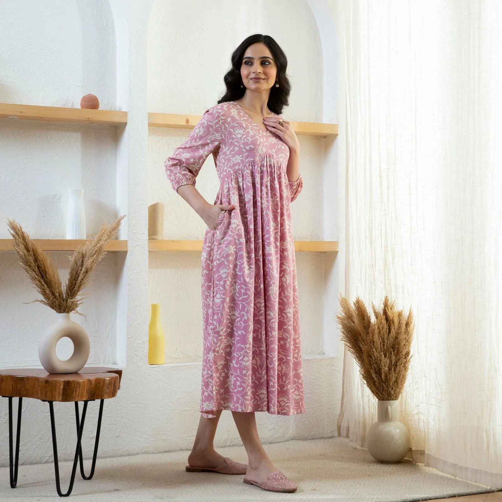 Baby Pink V Neck Front Gathered Dress
