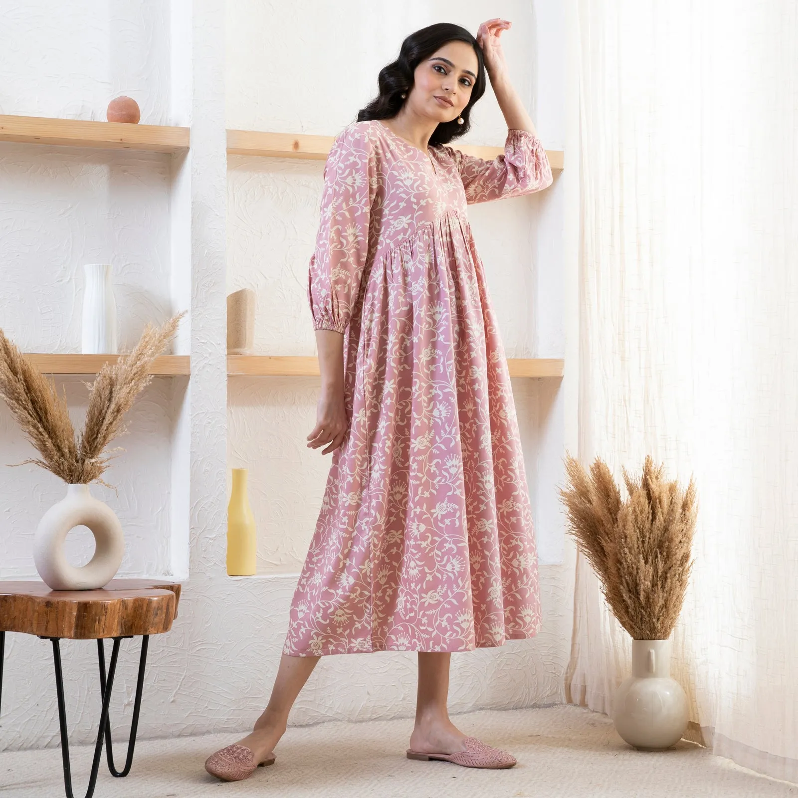 Baby Pink V Neck Front Gathered Dress