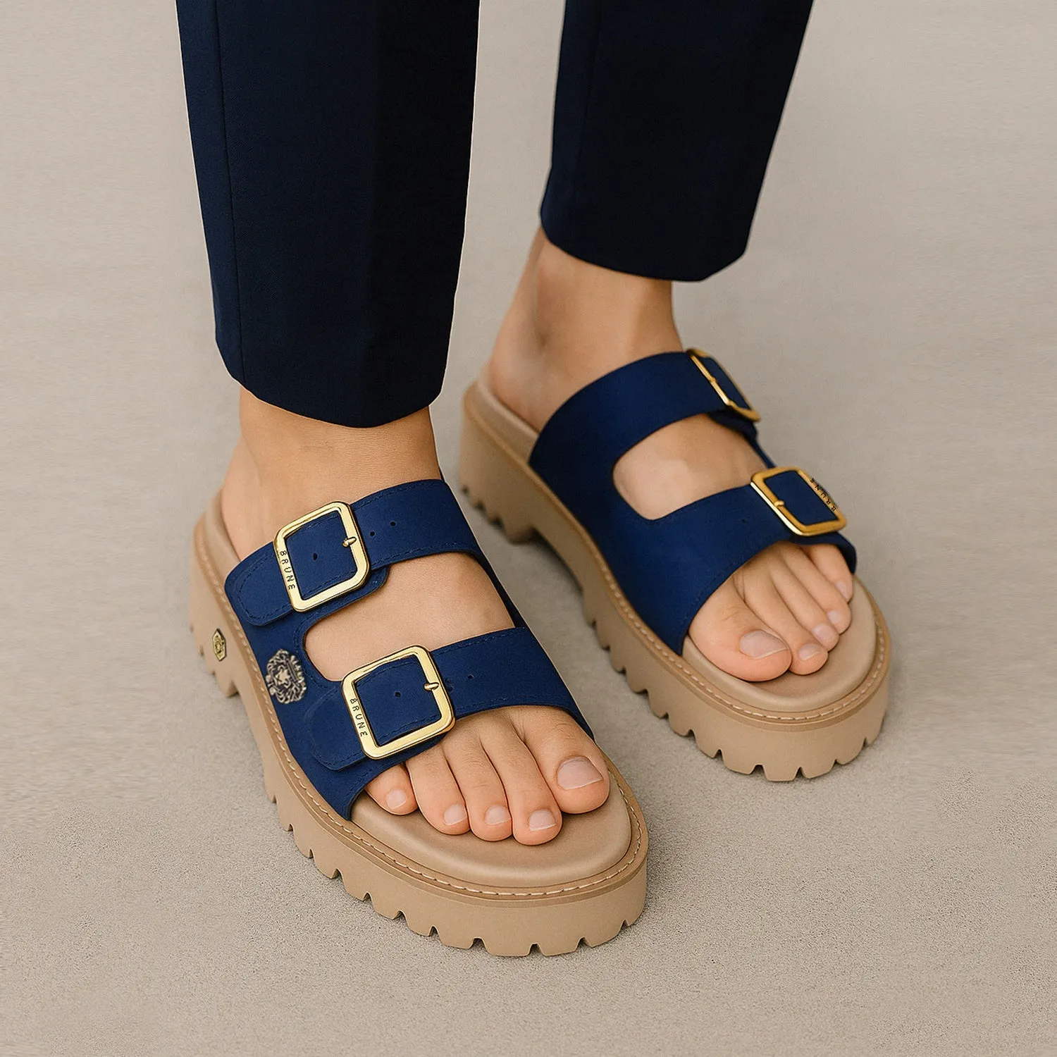 Beige with Blue straps Super Chunky Sole Slide-in Slippers in Suede Leather