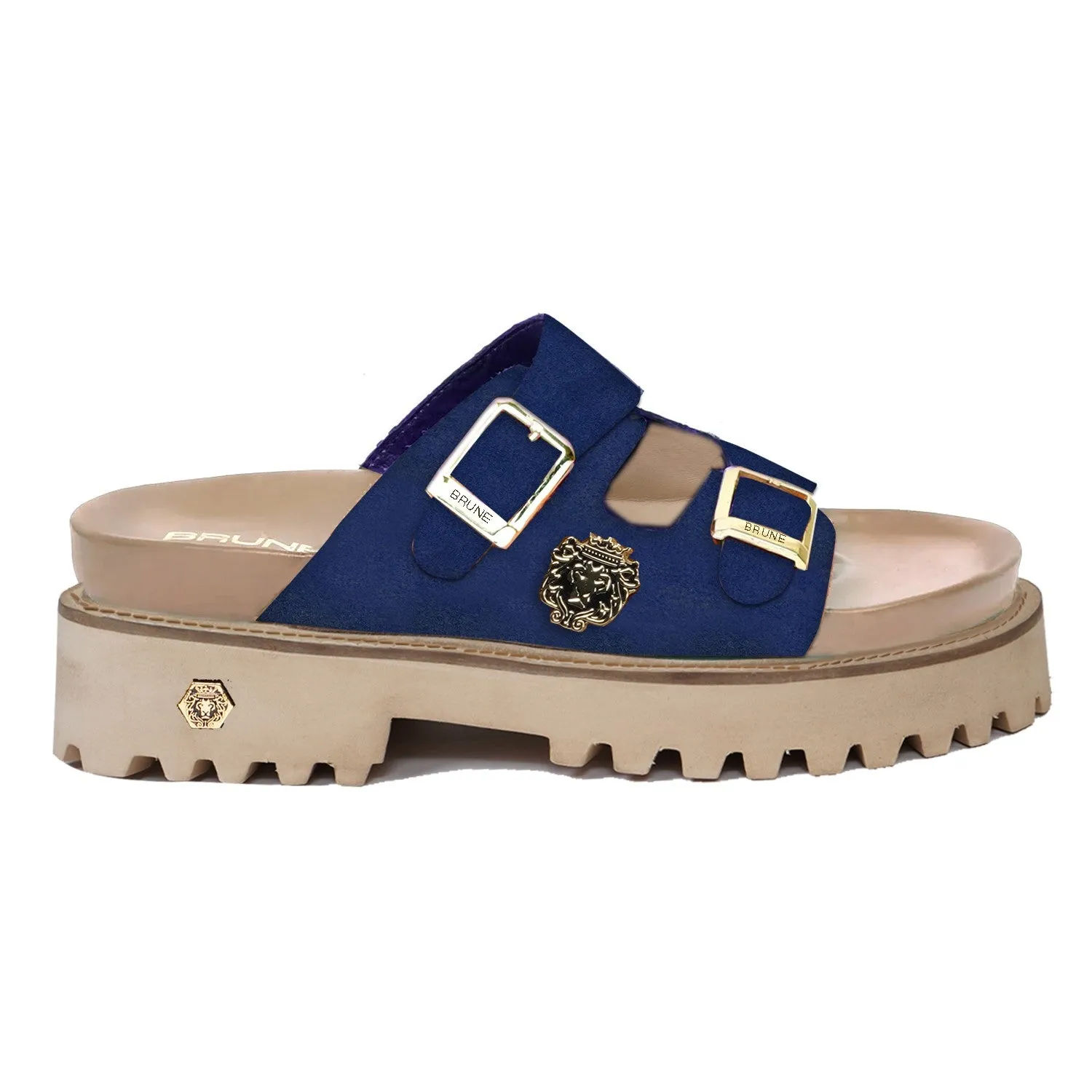 Beige with Blue straps Super Chunky Sole Slide-in Slippers in Suede Leather