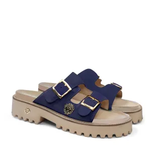 Beige with Blue straps Super Chunky Sole Slide-in Slippers in Suede Leather