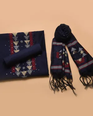 Blue Chanderi Woven With Embroidery Unstitched Suit Fabric Set With Chanderi Woven Dupatta