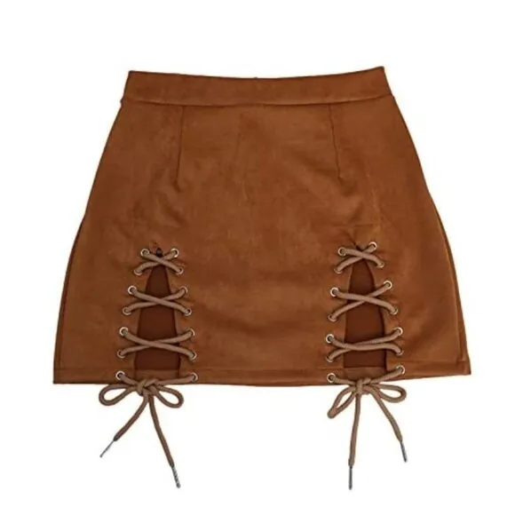 Brown Faux Suede High Waist Lace Up Corset Bodycon Stretch Short Mini Skirt