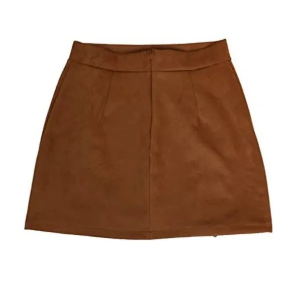 Brown Faux Suede High Waist Lace Up Corset Bodycon Stretch Short Mini Skirt