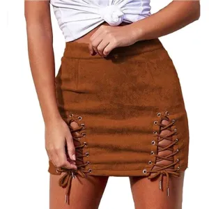 Brown Faux Suede High Waist Lace Up Corset Bodycon Stretch Short Mini Skirt