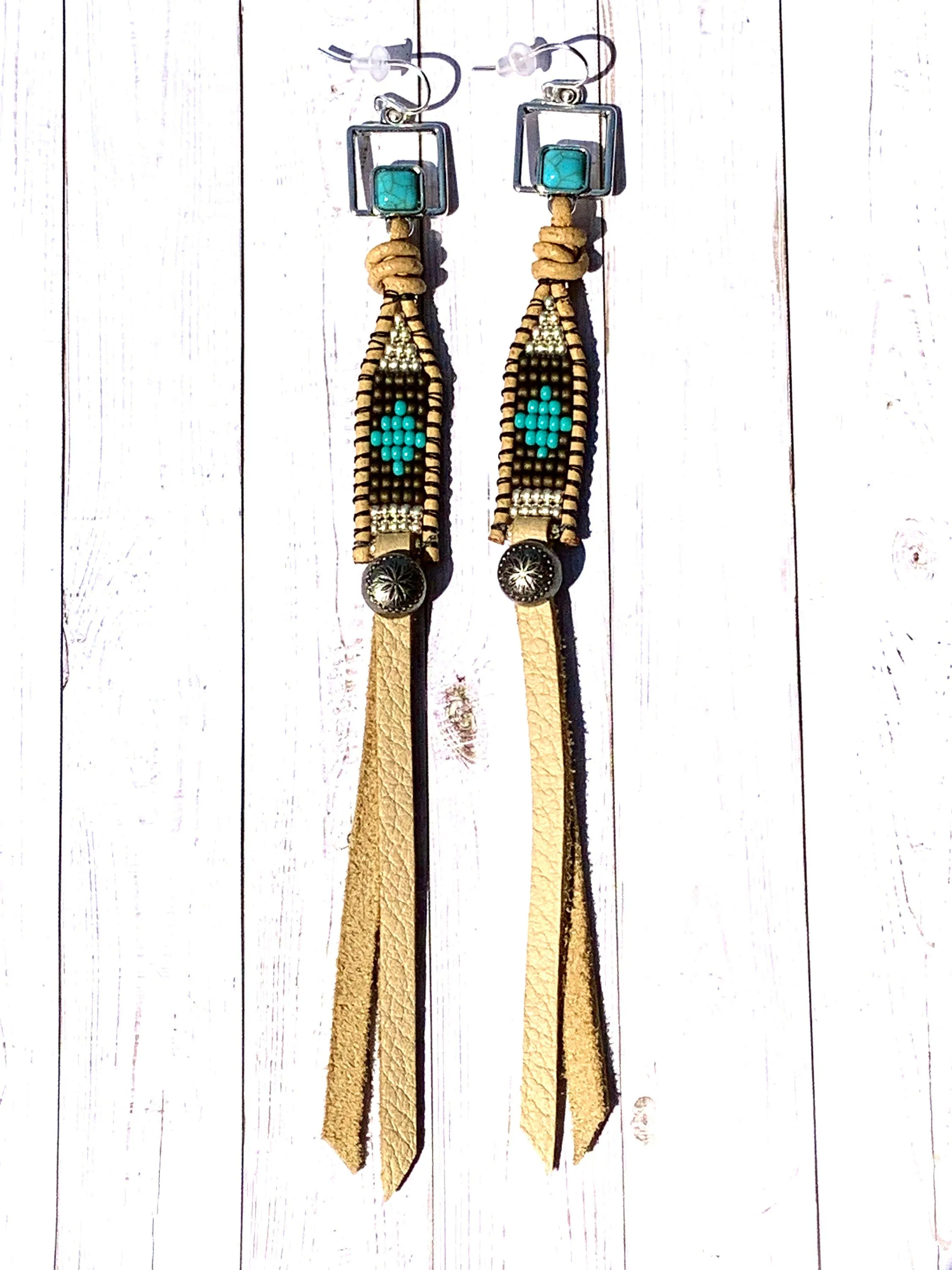 Buckskin ~  Leather Beaded Fringe Earrings, Western