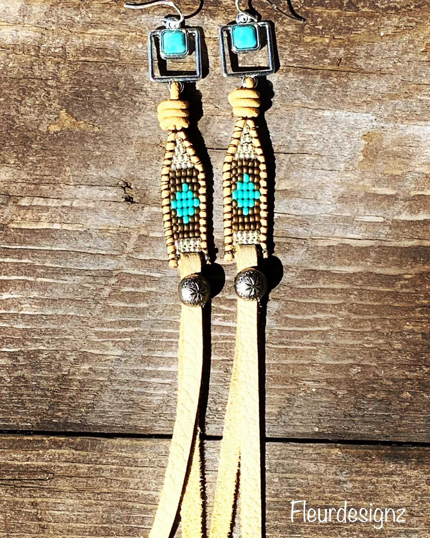 Buckskin ~  Leather Beaded Fringe Earrings, Western