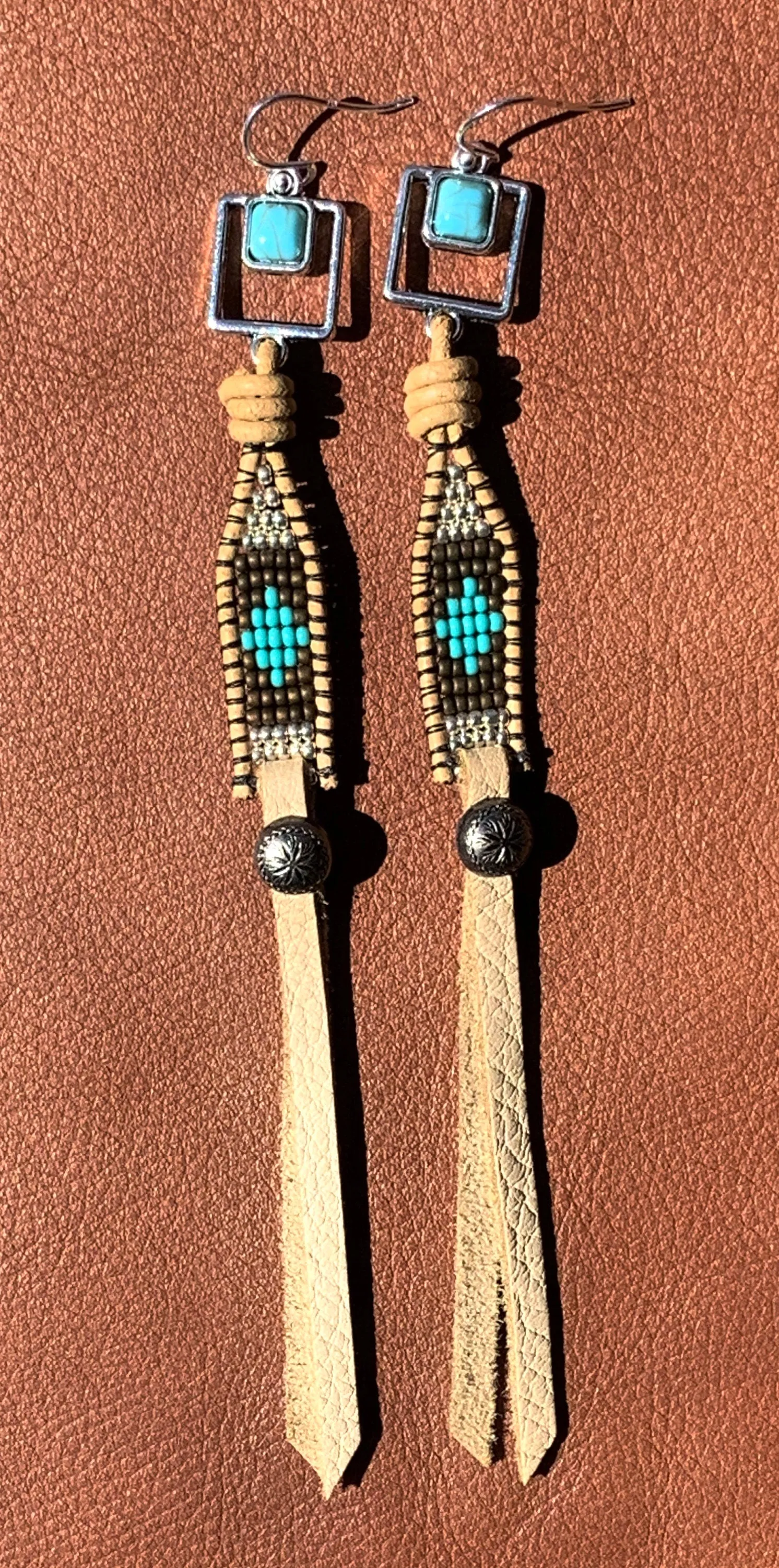 Buckskin ~  Leather Beaded Fringe Earrings, Western