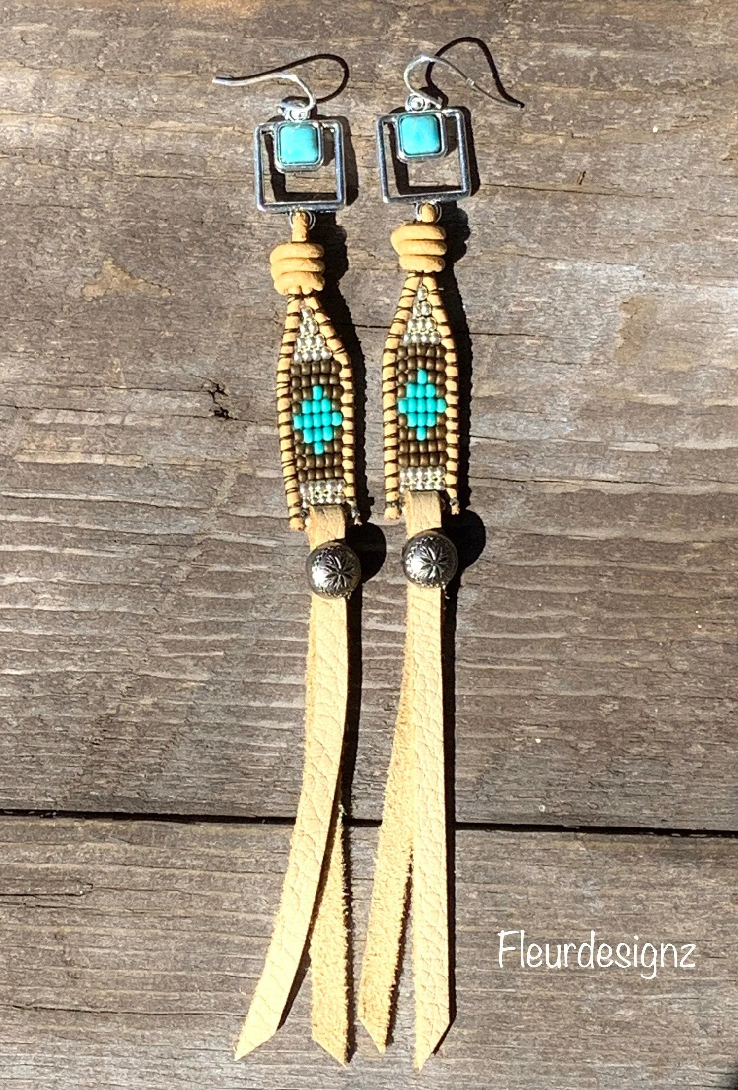 Buckskin ~  Leather Beaded Fringe Earrings, Western