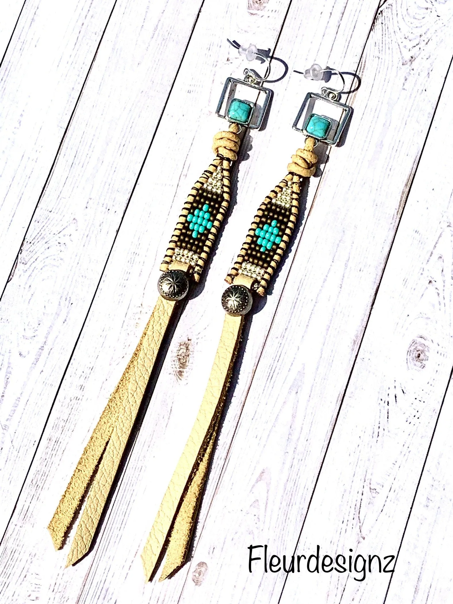 Buckskin ~  Leather Beaded Fringe Earrings, Western