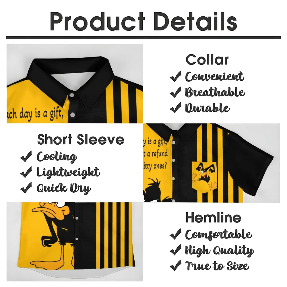 Cartoon Text Print Large Bamboo Linen Short Sleeve Shirt 2406000160
