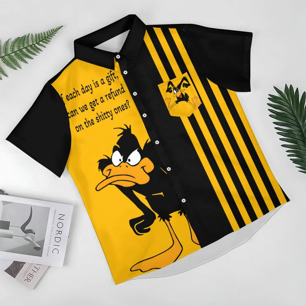 Cartoon Text Print Large Bamboo Linen Short Sleeve Shirt 2406000160