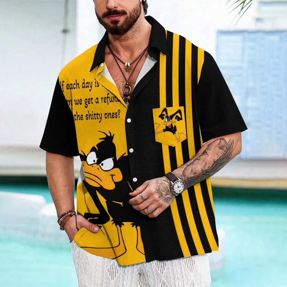 Cartoon Text Print Large Bamboo Linen Short Sleeve Shirt 2406000160