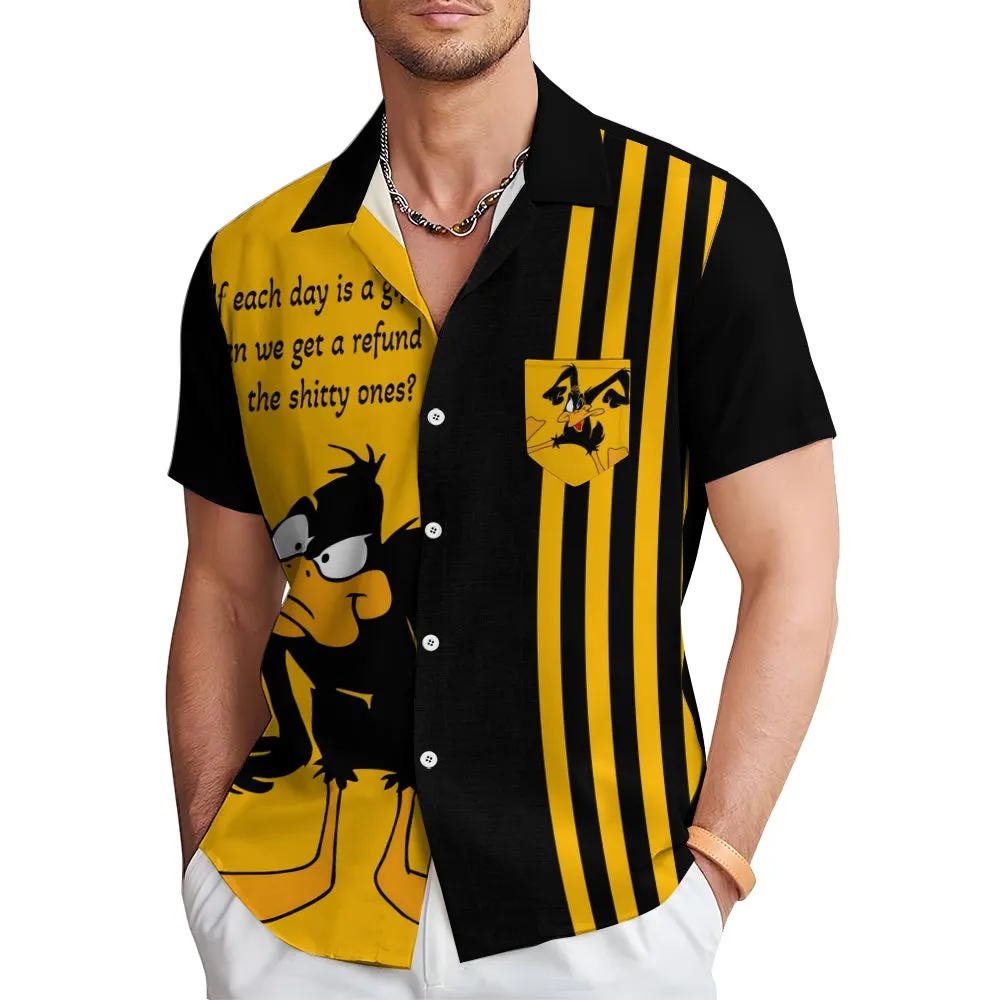 Cartoon Text Print Large Bamboo Linen Short Sleeve Shirt 2406000160