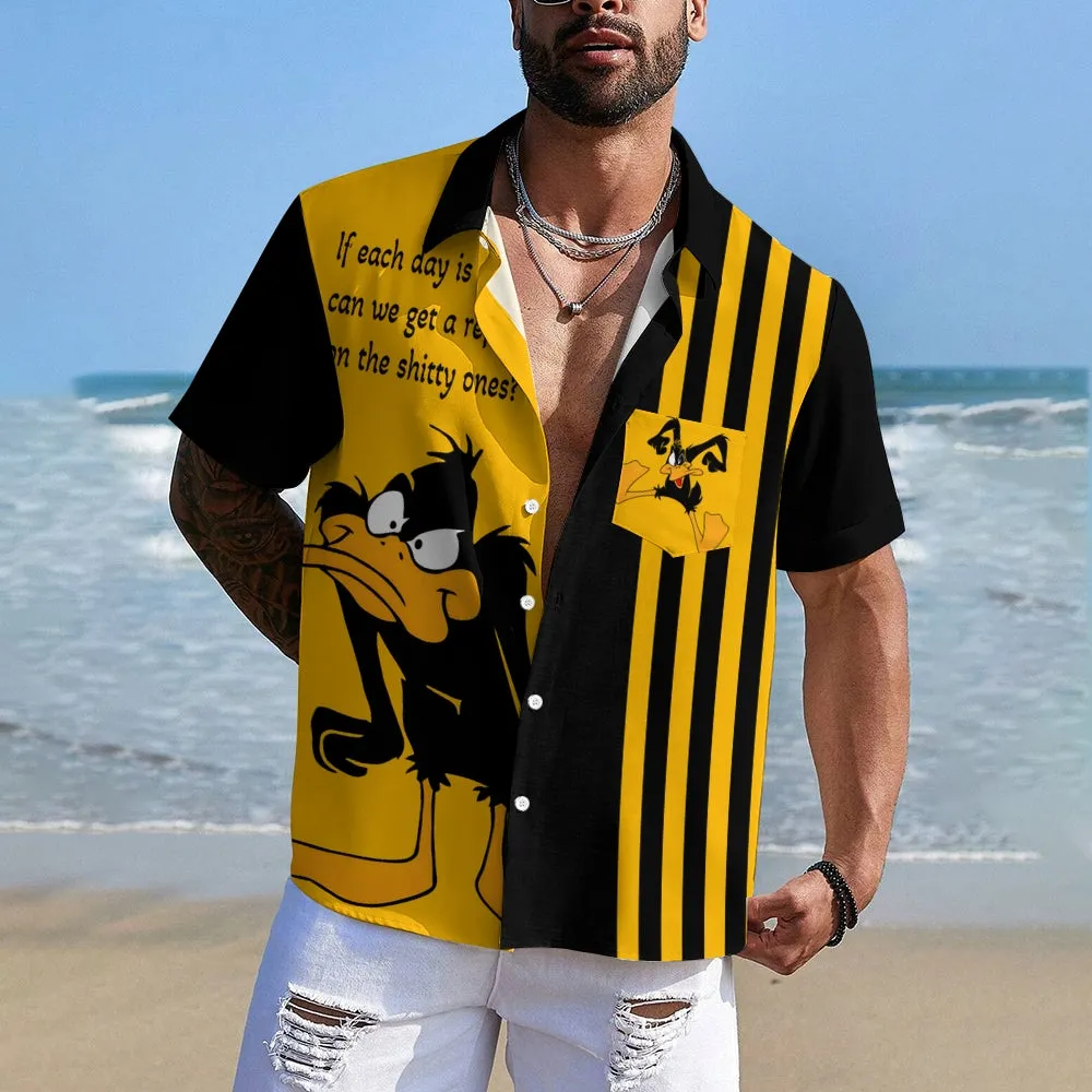 Cartoon Text Print Large Bamboo Linen Short Sleeve Shirt 2406000160