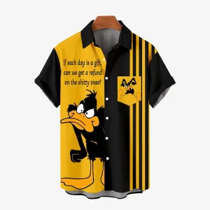 Cartoon Text Print Large Bamboo Linen Short Sleeve Shirt 2406000160