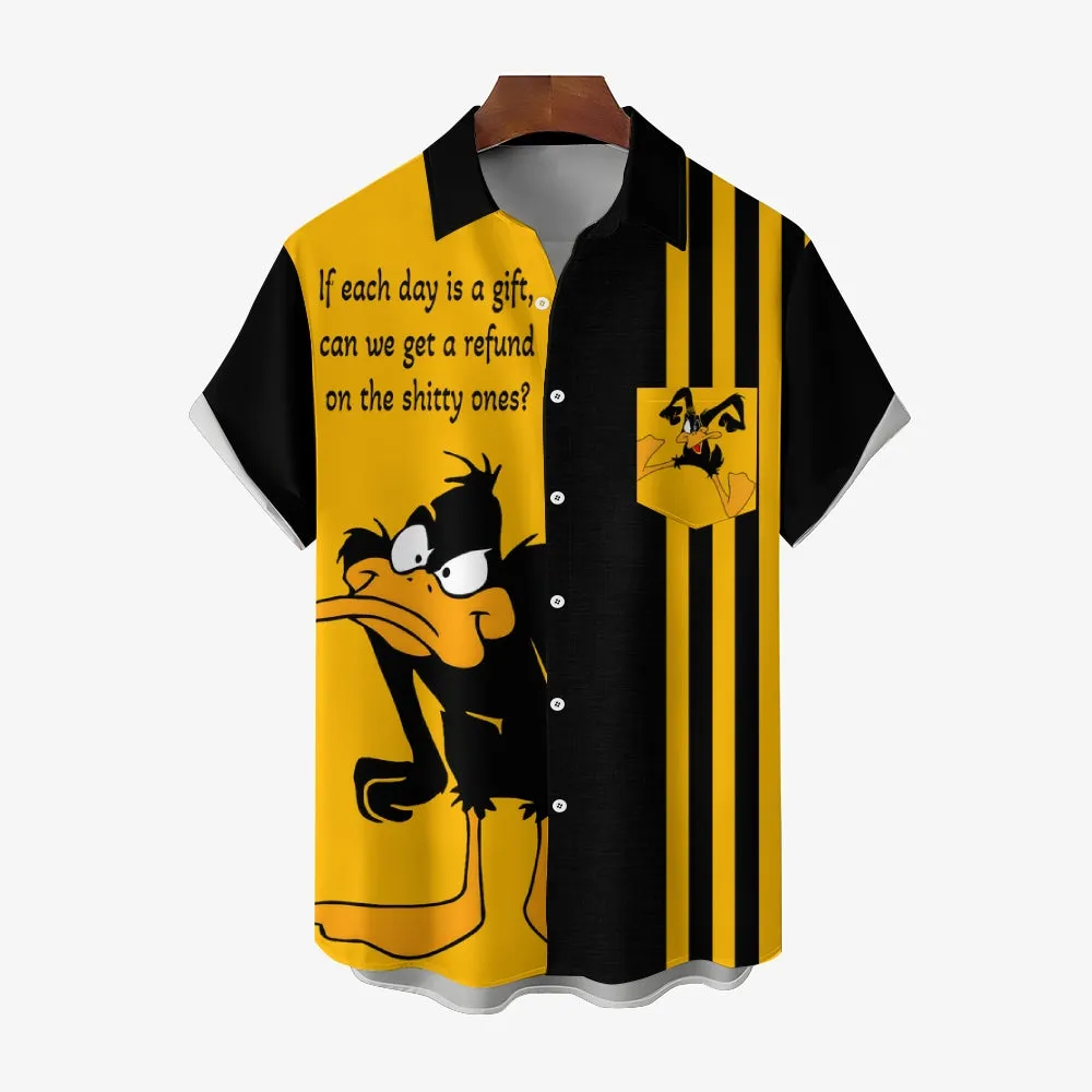 Cartoon Text Print Large Bamboo Linen Short Sleeve Shirt 2406000160