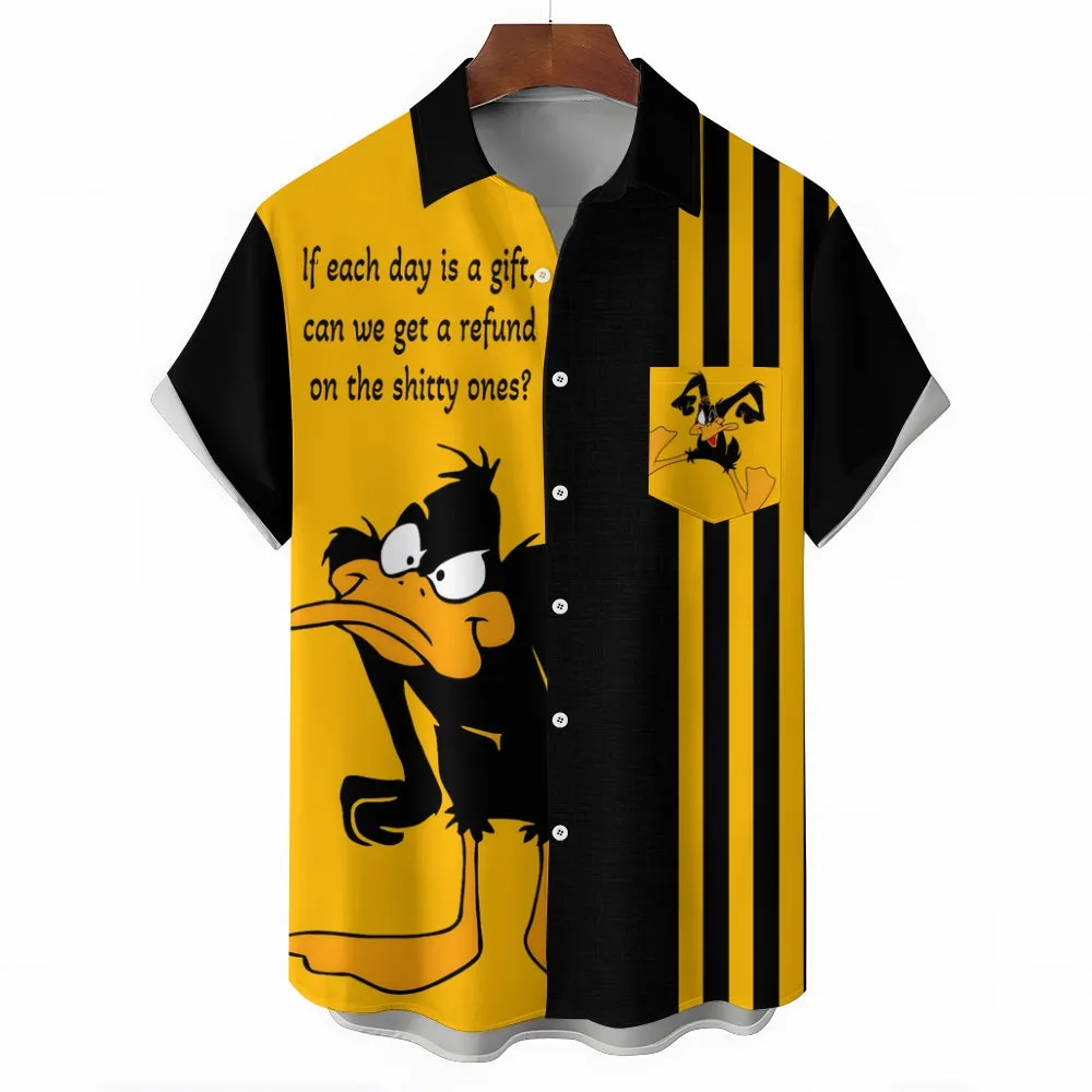 Cartoon Text Print Large Bamboo Linen Short Sleeve Shirt 2406000160