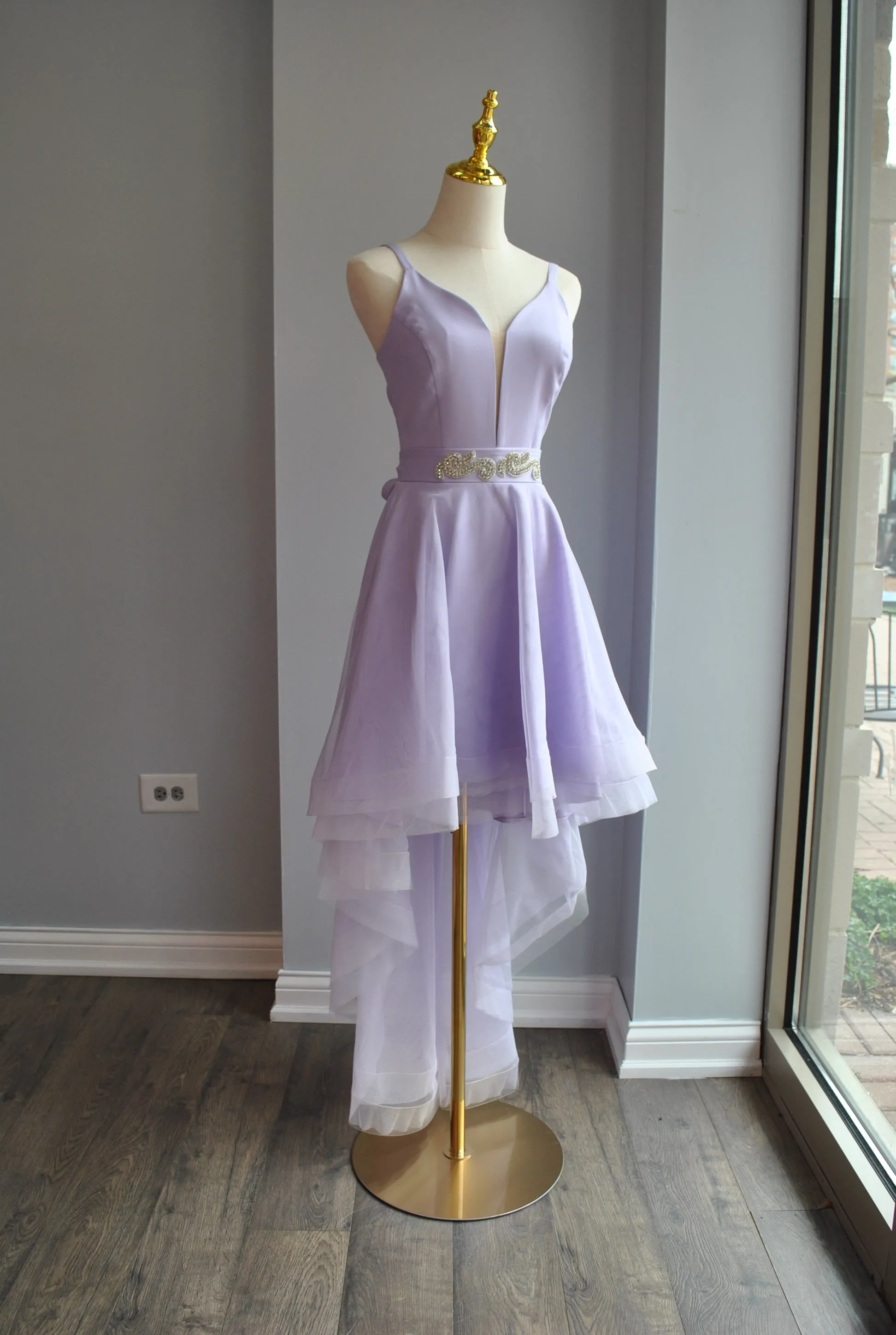 CLEARANCE - LAVENDER HIGH AND LOW DRESS WITH CRYSTAL BELT