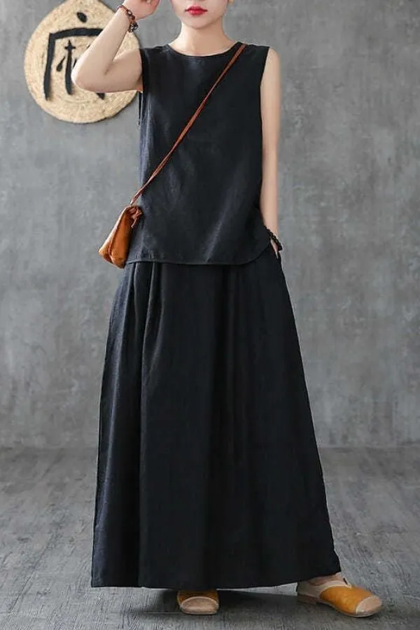 Cotton Solid Color Sleeveless Dress Suits