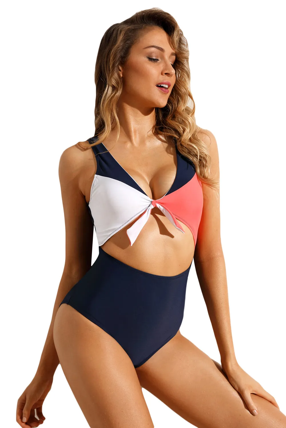 Cutout Tie Knot Front High Waist Monokini Swimsuit