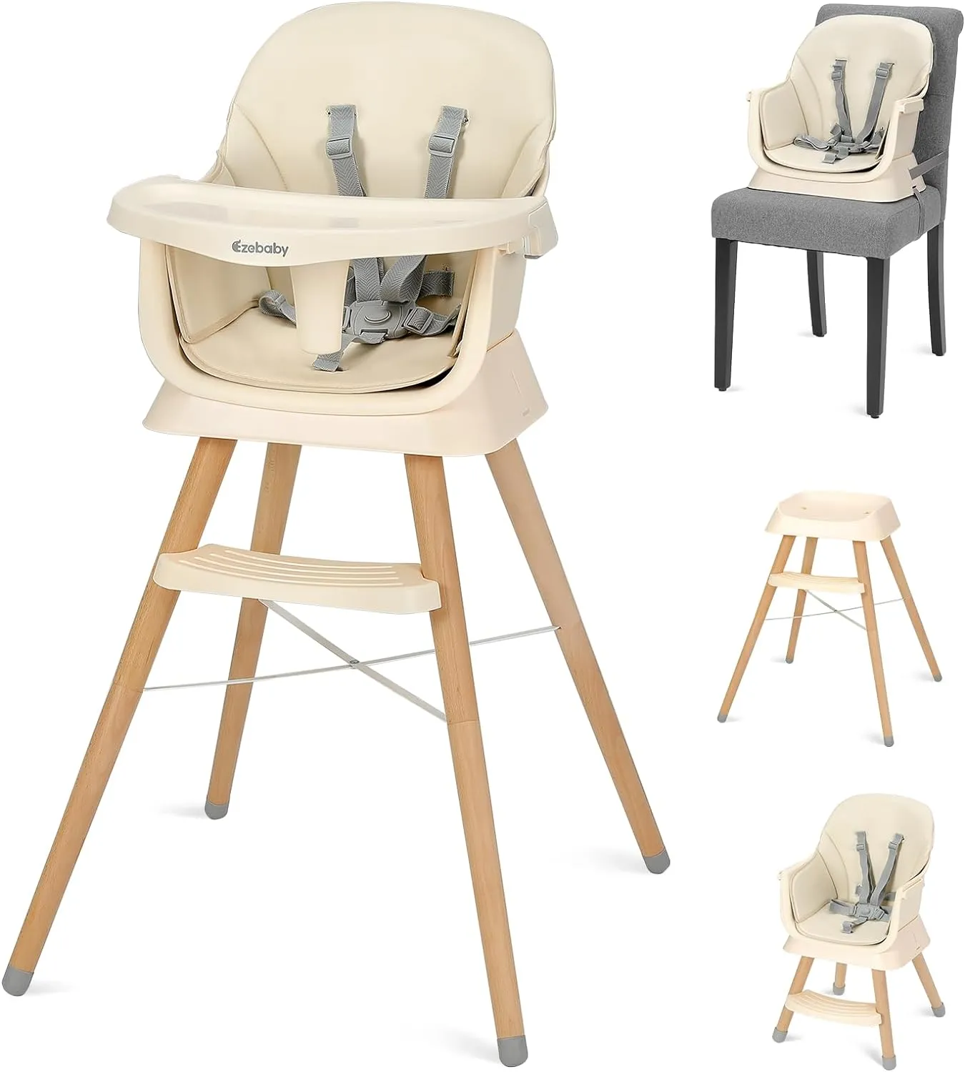 Deluxe 6-in-1 High Chair | Booster | Stool | Low Chair | Grey or Cream | 6m - 99 years