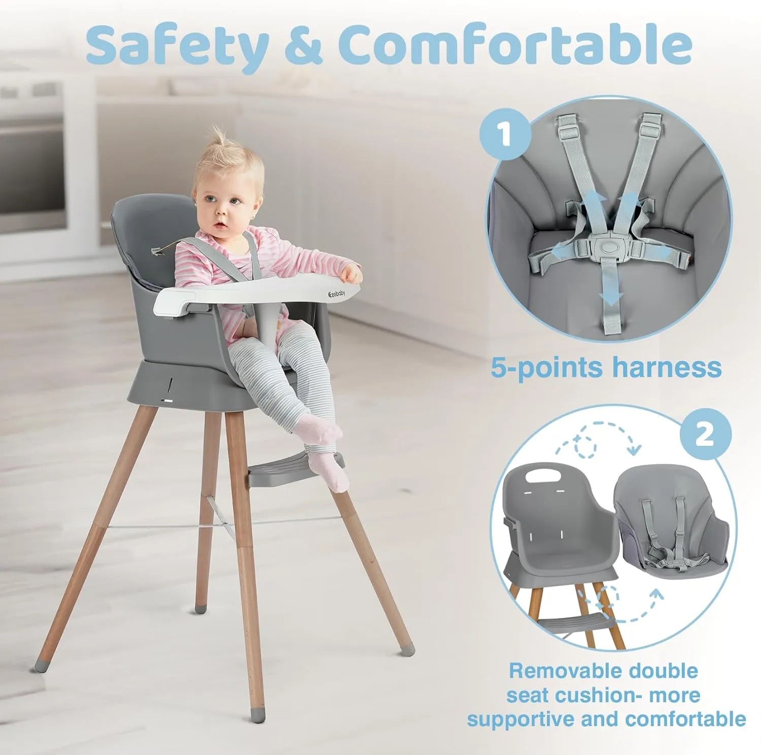 Deluxe 6-in-1 High Chair | Booster | Stool | Low Chair | Grey or Cream | 6m - 99 years