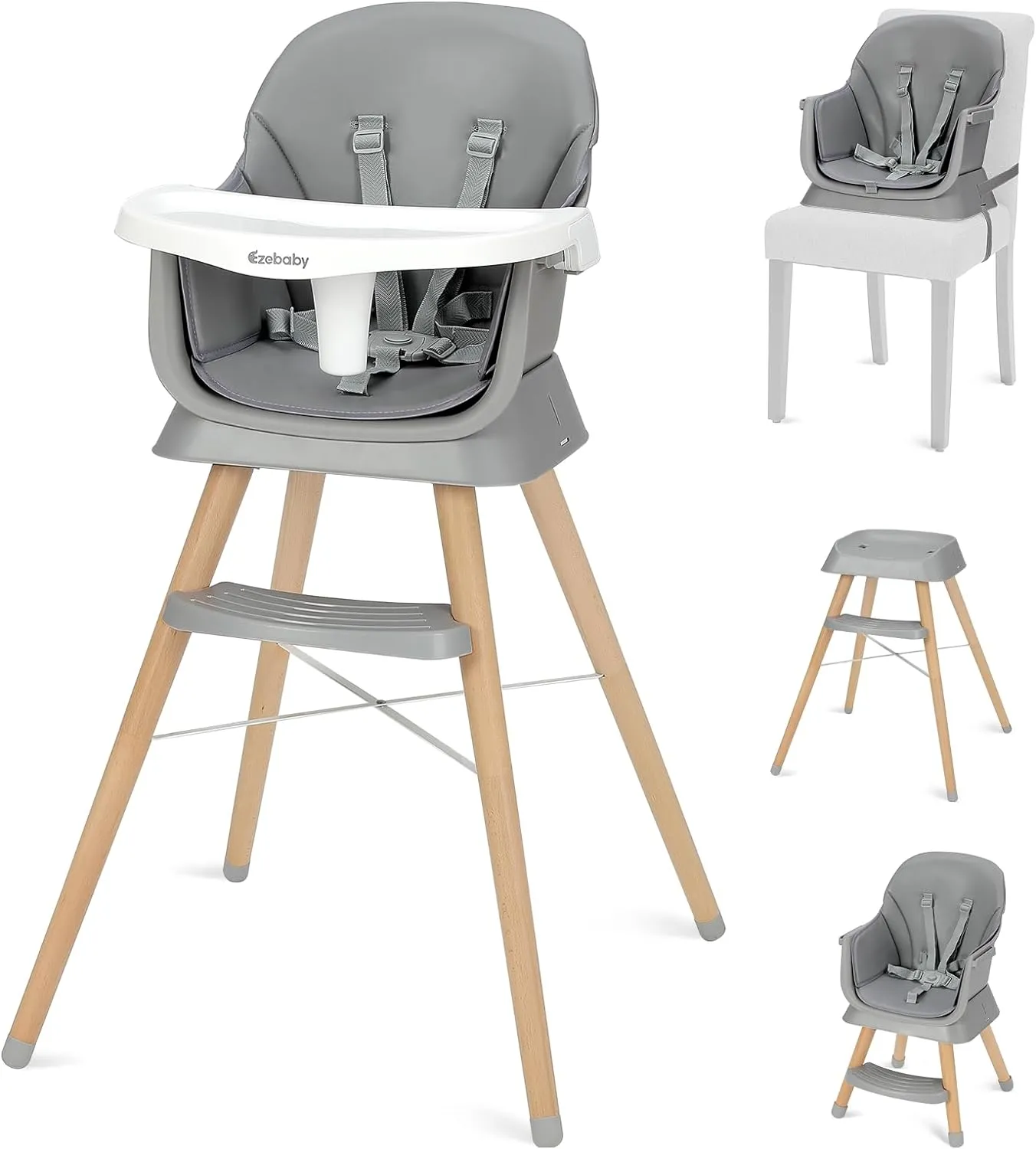 Deluxe 6-in-1 High Chair | Booster | Stool | Low Chair | Grey or Cream | 6m - 99 years