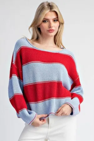 Denim   Red Wide Stripe Woven Sweater