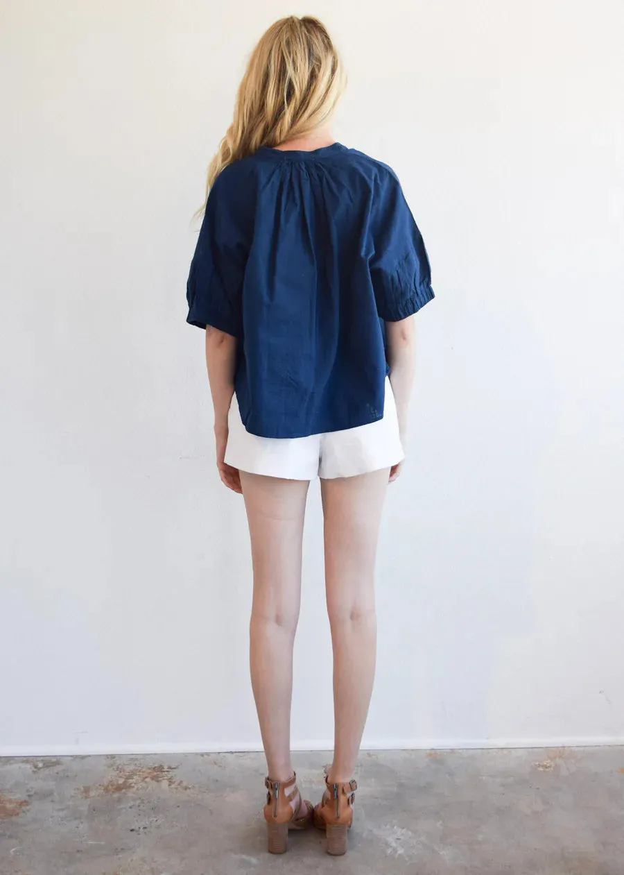 Elastic Sleeve Top (Navy Woven)