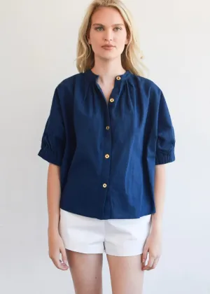 Elastic Sleeve Top (Navy Woven)