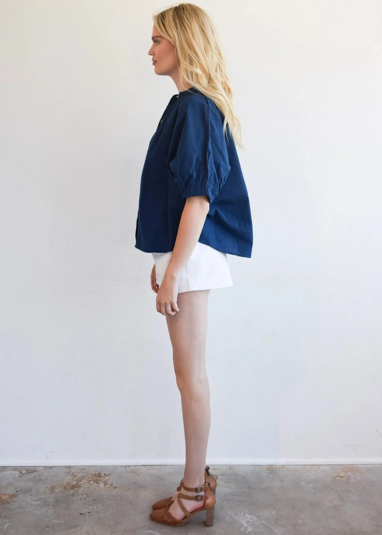 Elastic Sleeve Top (Navy Woven)