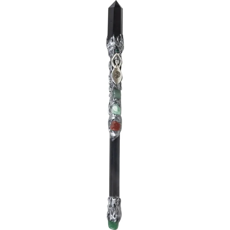 Energy Wand - Black Obsidian Point w/ Silver Spiral Goddess FB2082 🌸