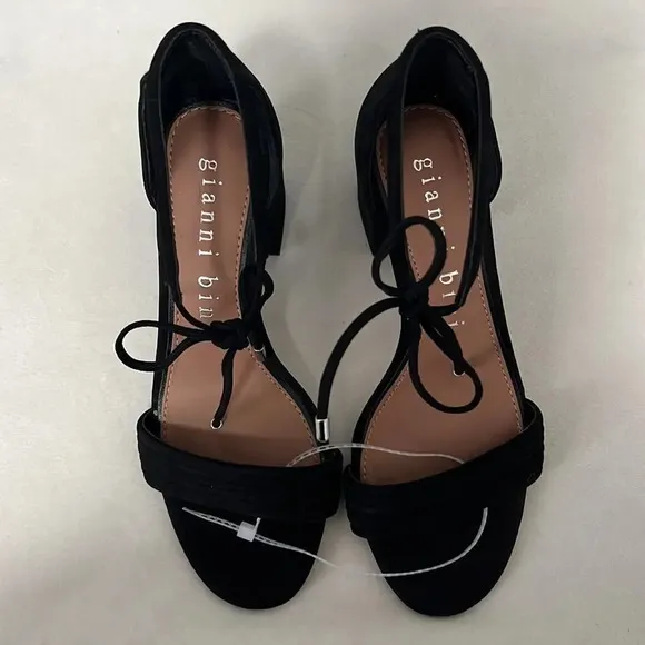 Gianni Bini Rhiaann Women's Black Suede Sandal Block Heel Ankle Tie Shoe 6.5 NWT