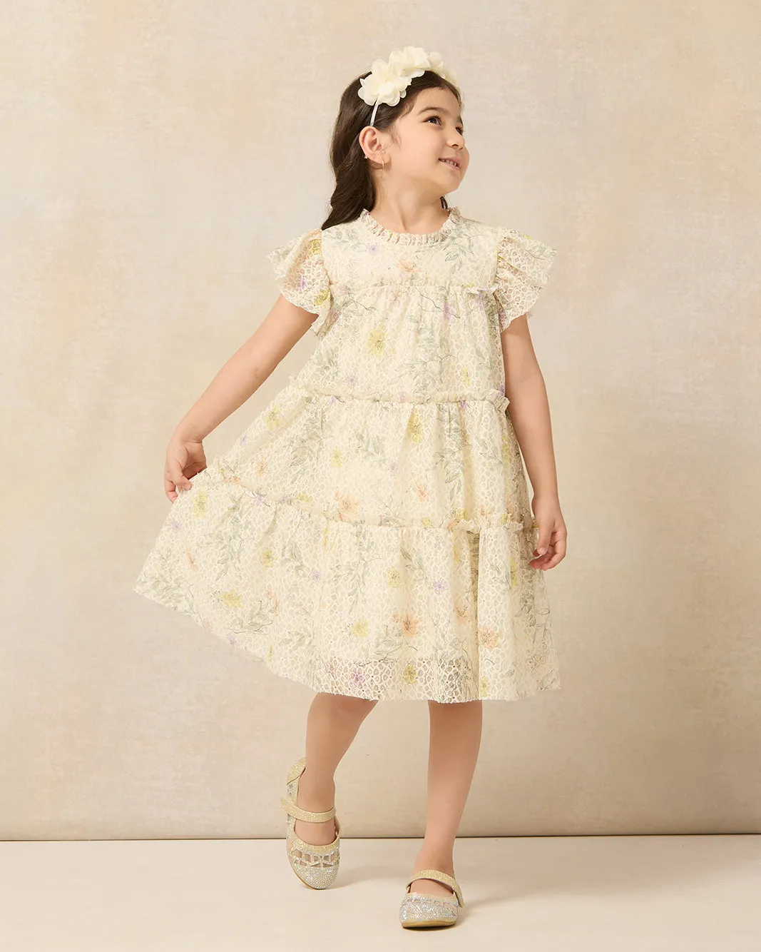Girls Yellow Floral Embellished Dress