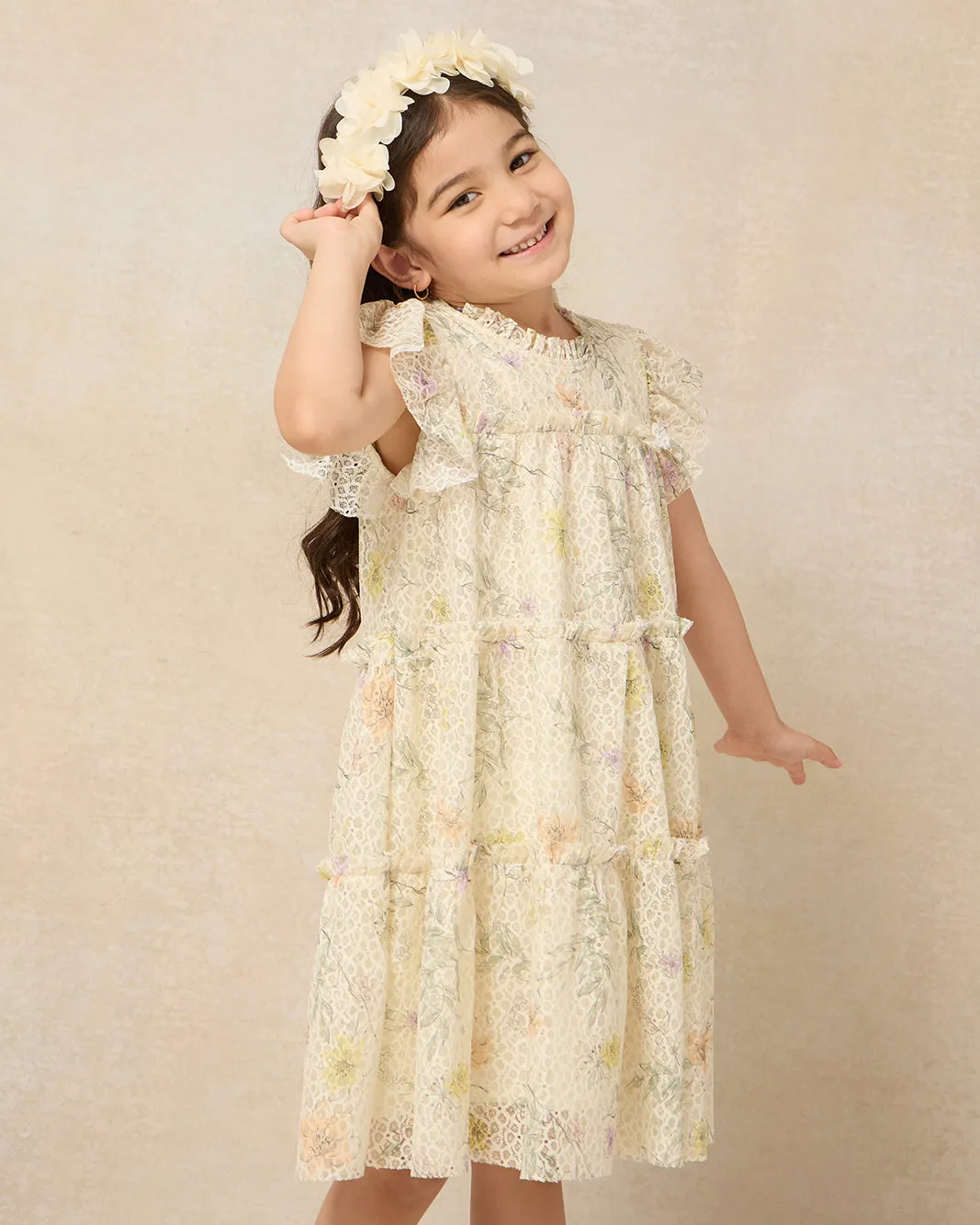 Girls Yellow Floral Embellished Dress