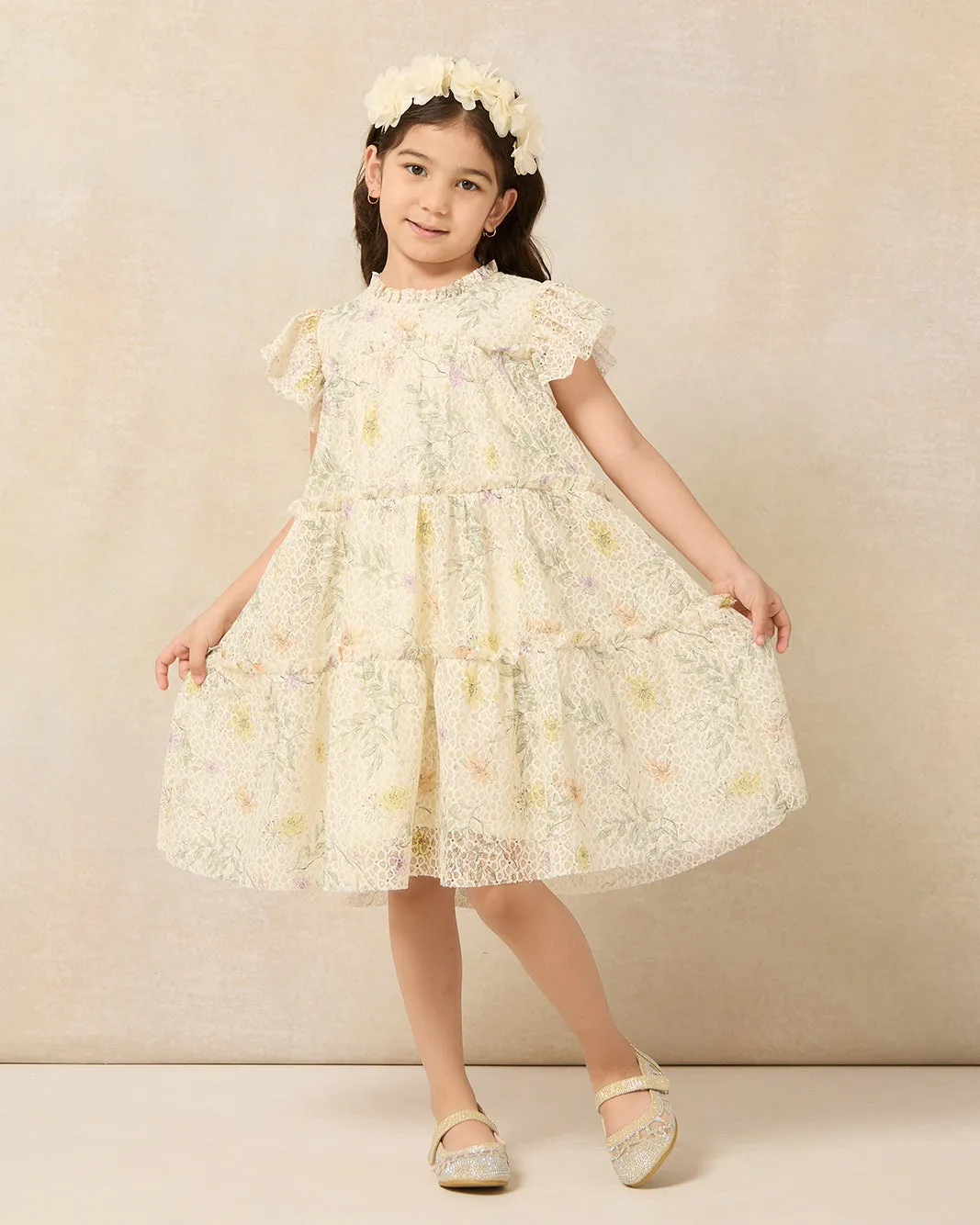 Girls Yellow Floral Embellished Dress
