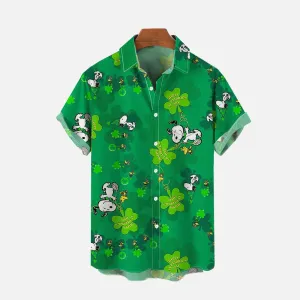 Green Clovers And Cartoon Dog Printing Breast Pocket Short Sleeve Shirt