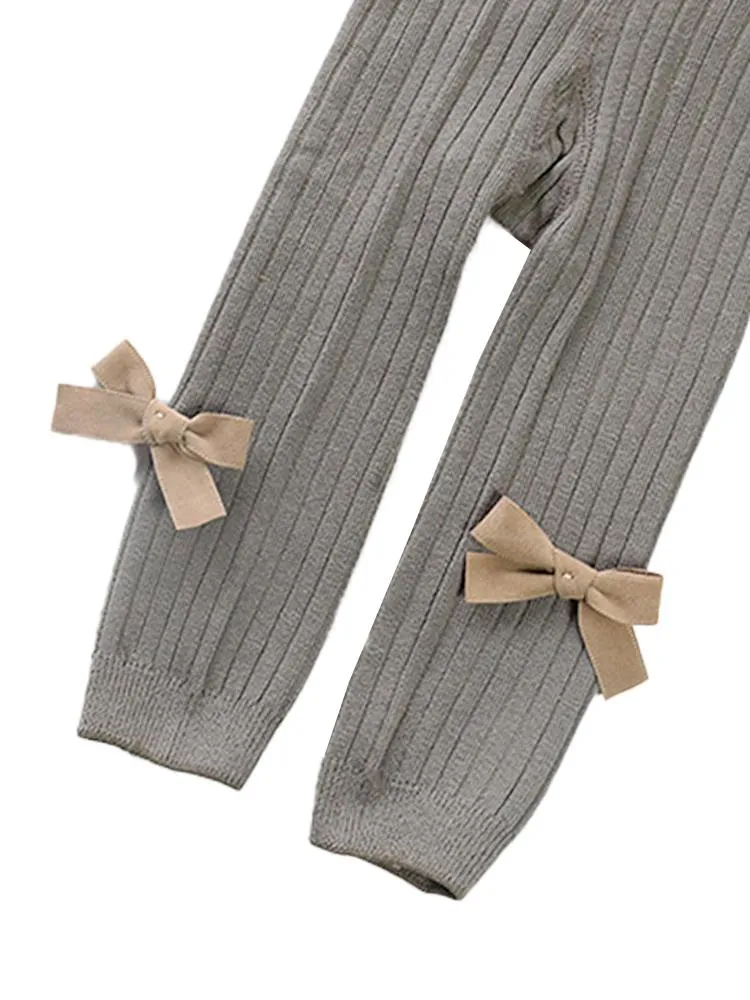 Grey Ribbon Bow Ribbed Footless Girls Tights/ Leggings