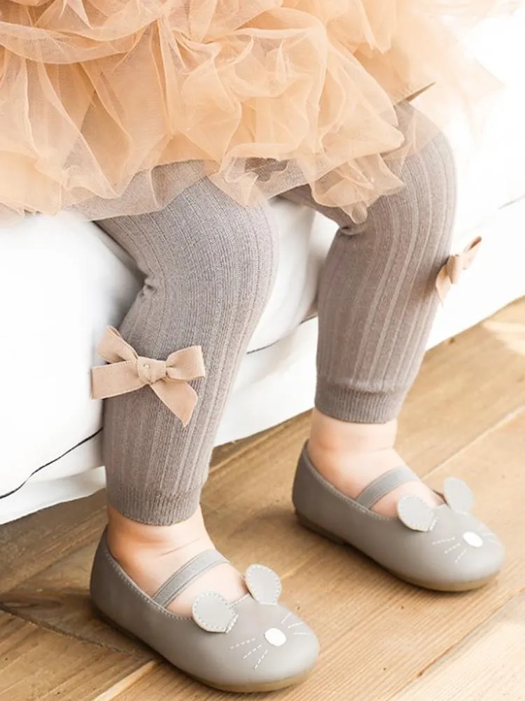 Grey Ribbon Bow Ribbed Footless Girls Tights/ Leggings