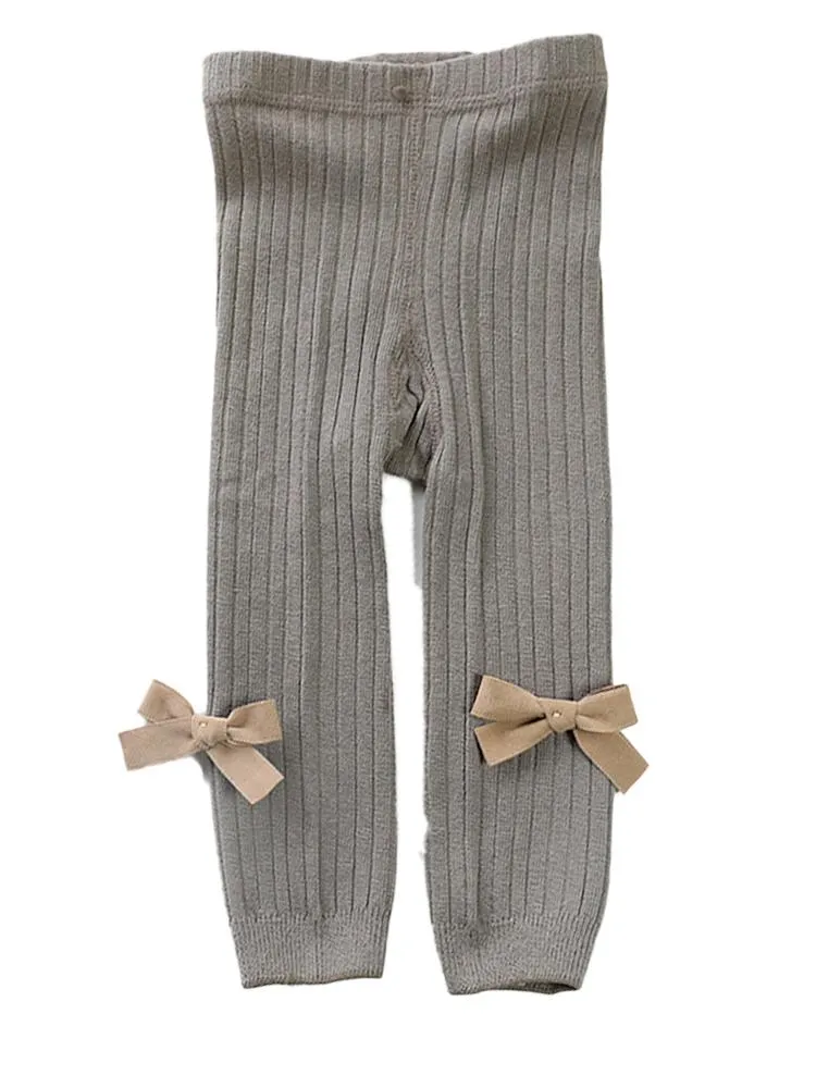 Grey Ribbon Bow Ribbed Footless Girls Tights/ Leggings