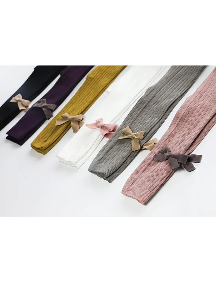 Grey Ribbon Bow Ribbed Footless Girls Tights/ Leggings