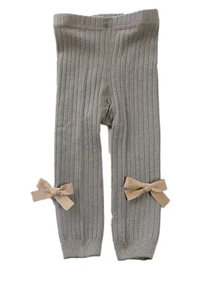 Grey Ribbon Bow Ribbed Footless Girls Tights/ Leggings