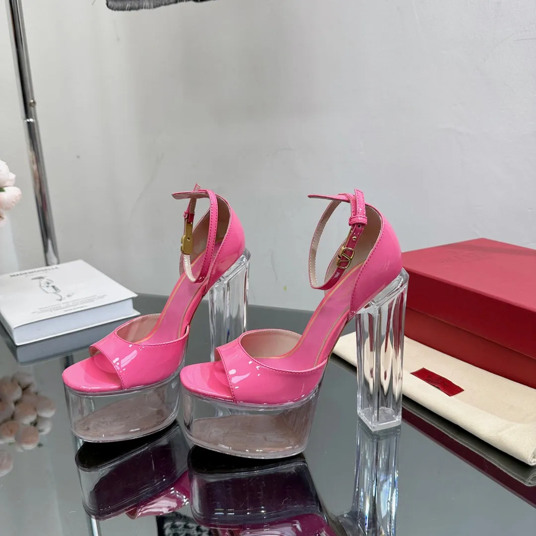 HIGH SANDAL 14CM IN BRIGHT PINK CALFSKIN AND TRANSPARENT PVC