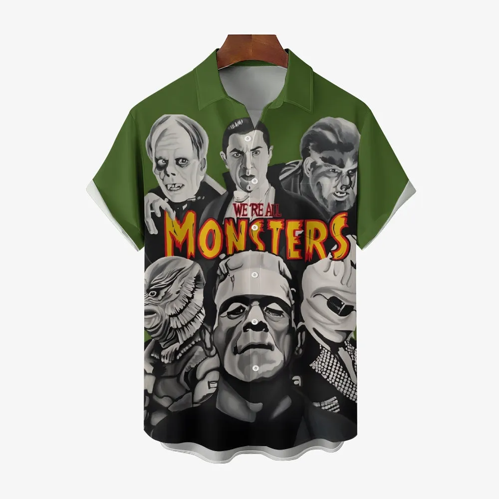 Horror Character Print Bamboo Linen Short Sleeve Shirt 2406000409