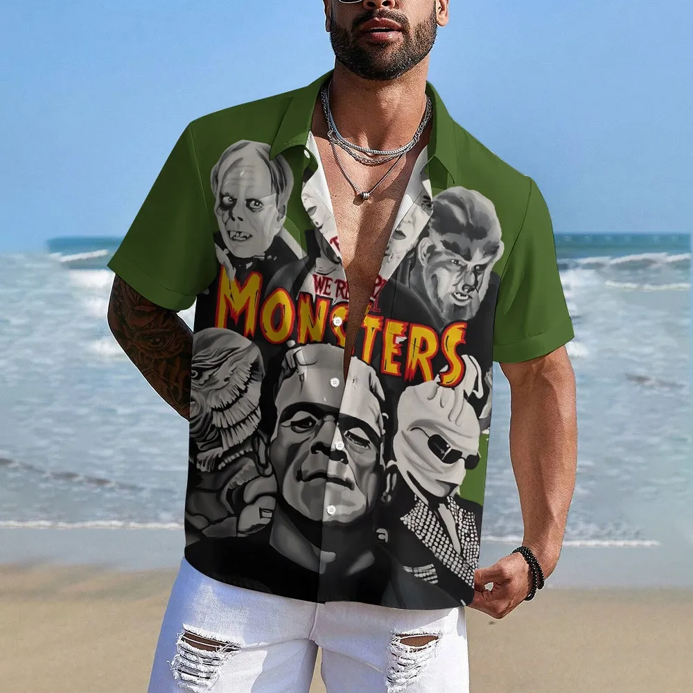 Horror Character Print Bamboo Linen Short Sleeve Shirt 2406000409